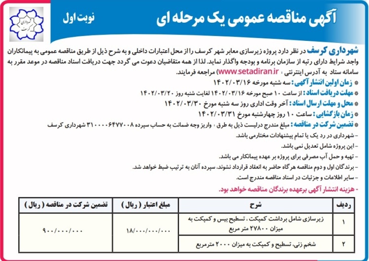 برگزاری مناقصه زیرسازی معابر شهر کرسف